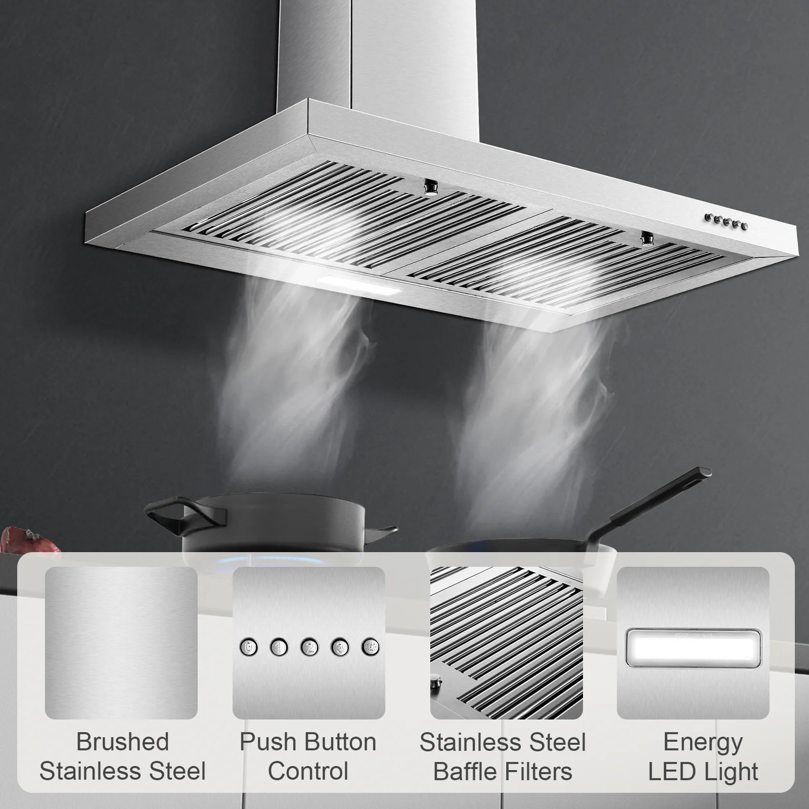 Range Hood 30 Inch, Wall Mount Range Hood Kitchen Hood in Stainless Steel, Vent Hood with Baffle Filters, 3 Sp - view 2
