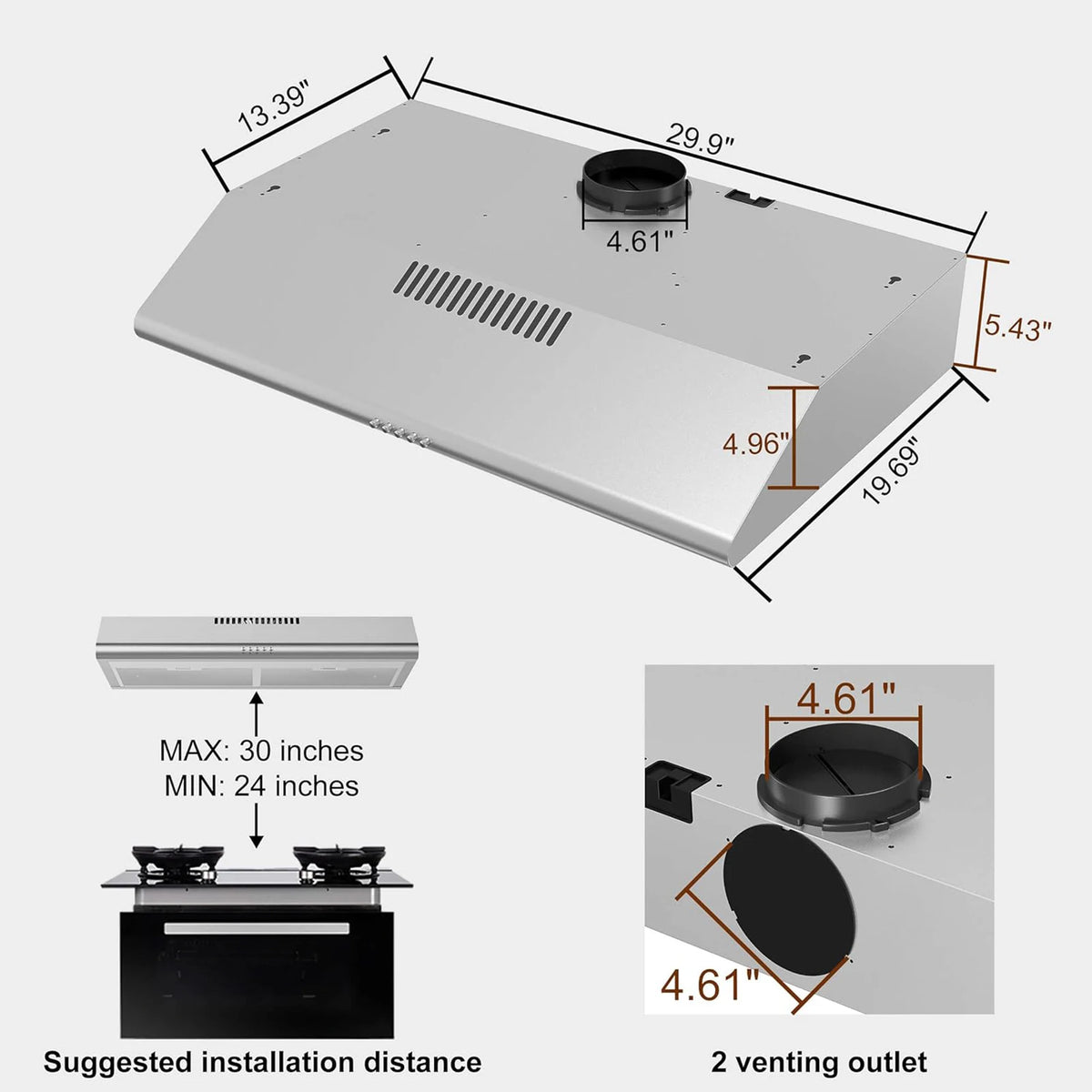 SNDOAS Under Cabinet Range Hood 30 Inch,Ductless Range Hood with Charcoal Filter,Kitchen Vent Hood with Button Control 3 Speeds