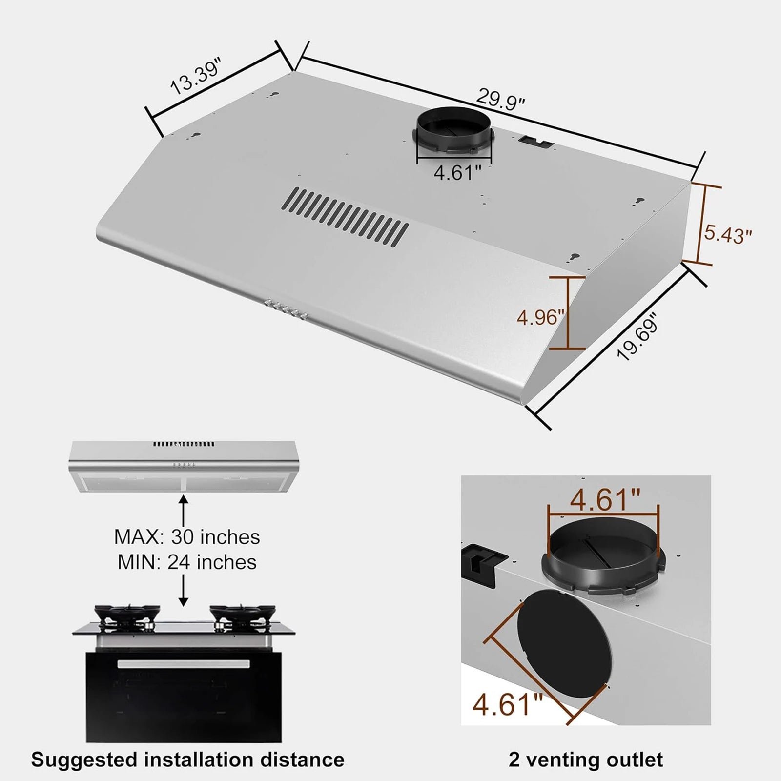 SNDOAS Under Cabinet Range Hood 30 Inch,Ductless Range Hood with Charcoal Filter,Kitchen Vent Hood with Button - view 3