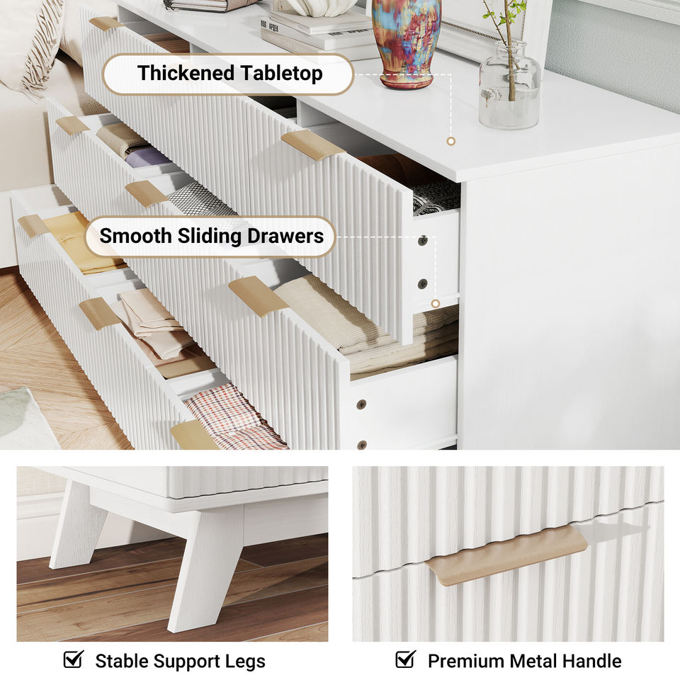 Modern Solid Oak Wood 9-Drawer Dresser Fluted Drawer Fronts Stainless Steel Gold Handles Anti-Collapse Design Freestanding