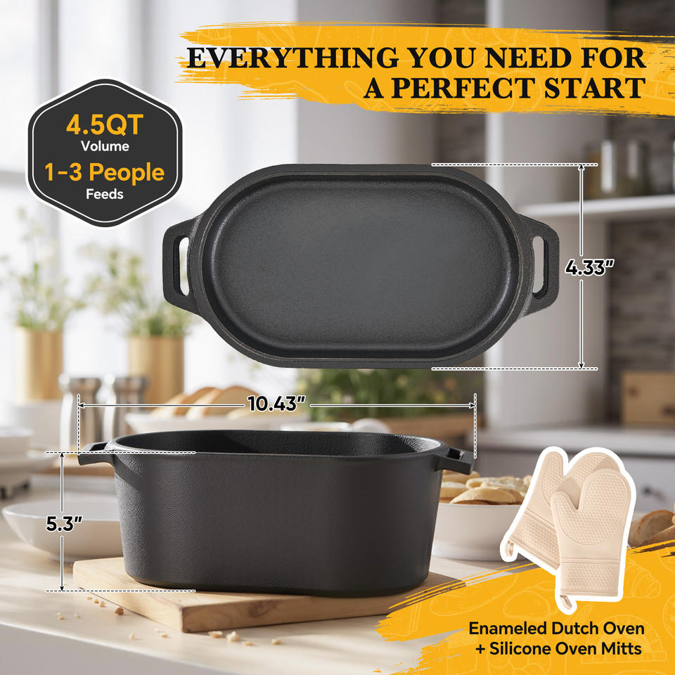 4.5QT Cast Iron Enameled Eco-Friendly Heat Resistant Dutch Oven Lid Silicone Oven Mitts Non-Stick Bread Baking Pot PFOA/PTFE