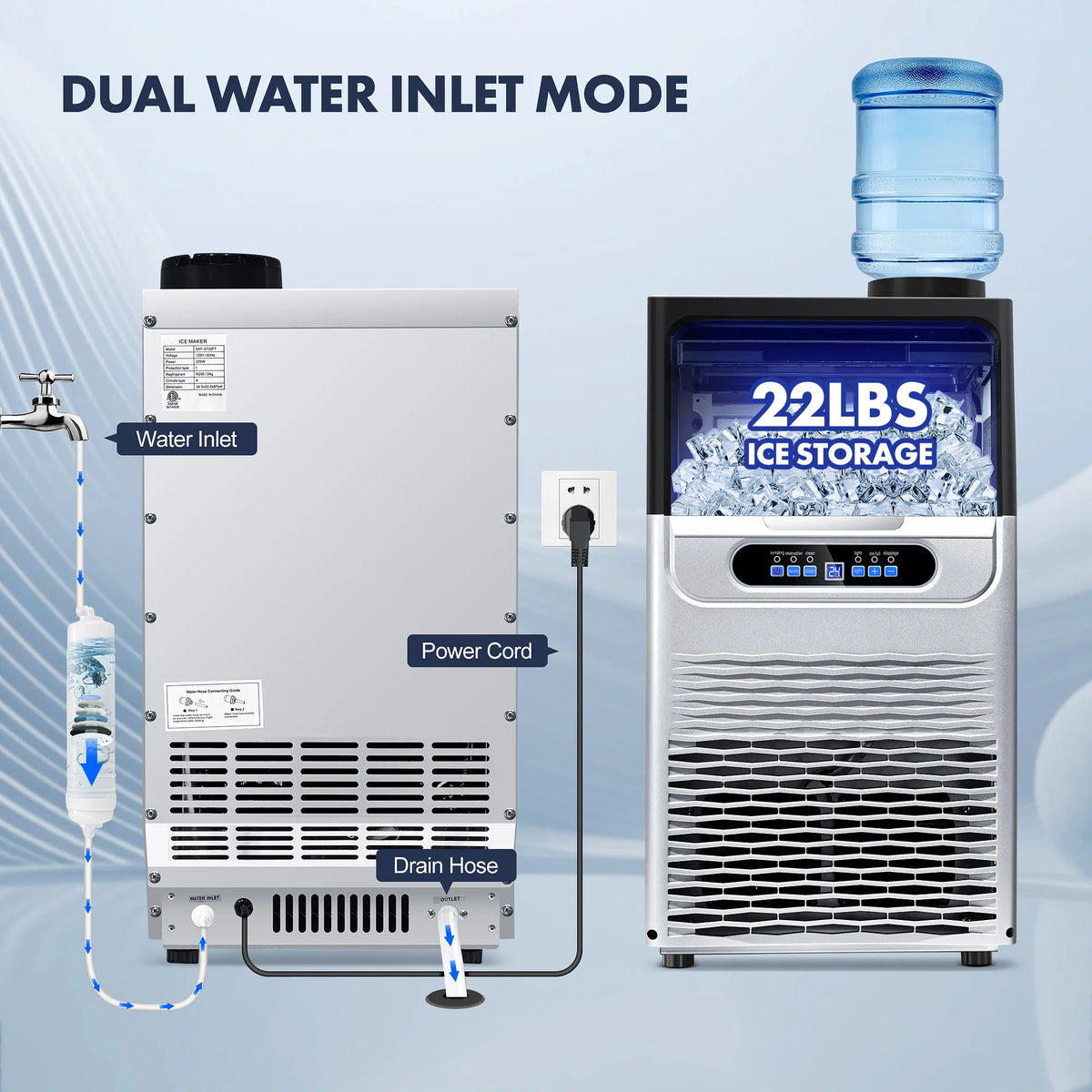 100LBS/24H Commercial Ice Maker Machine, Dual Water Inlet Under Counter or Freestanding Ice Machine,