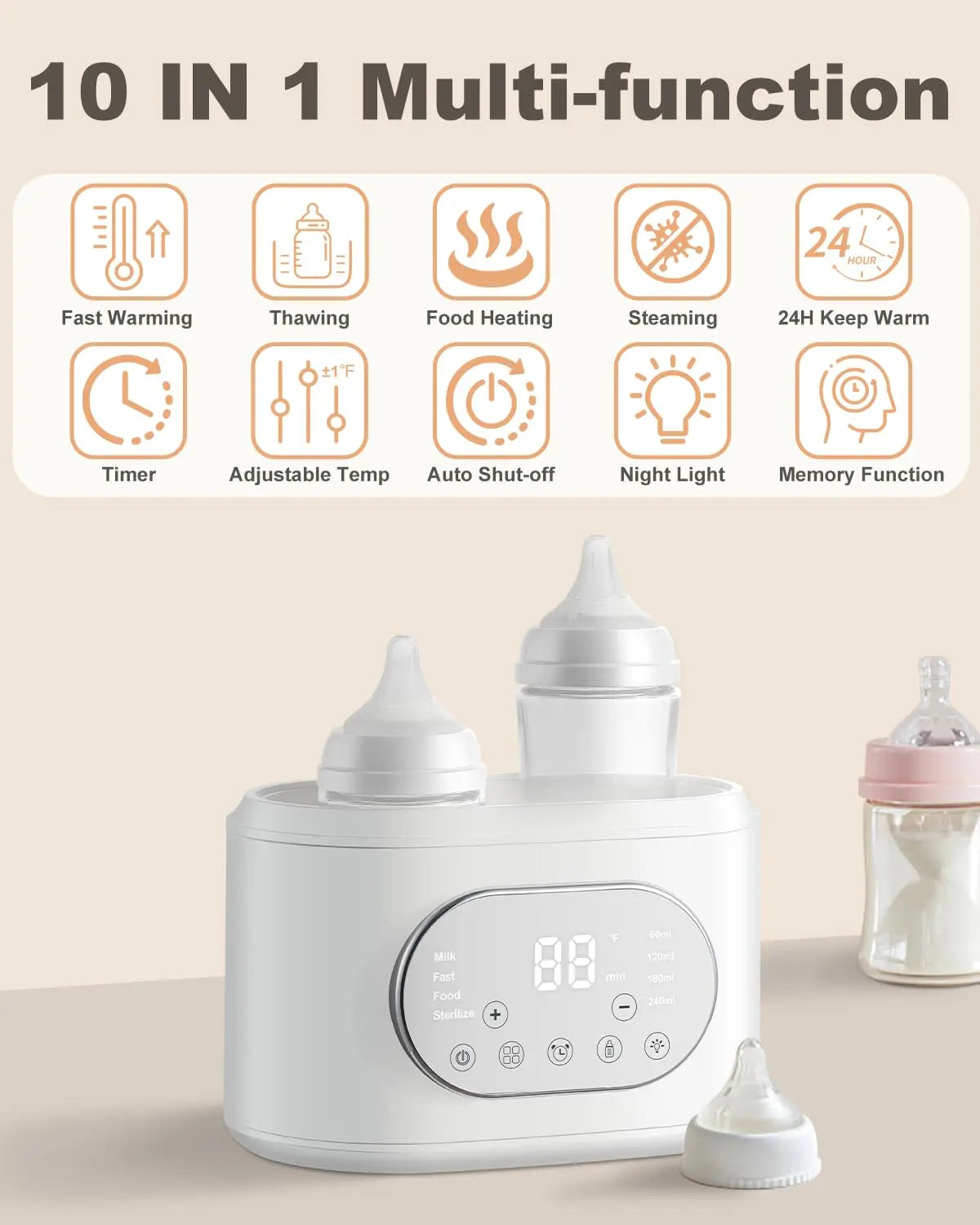 Bottle Warmer, 10-in-1 Fast Baby Bottle Warmer for Breastmilk & Formula, Double Milk Warmer with Timer, Accurate Temp Control,