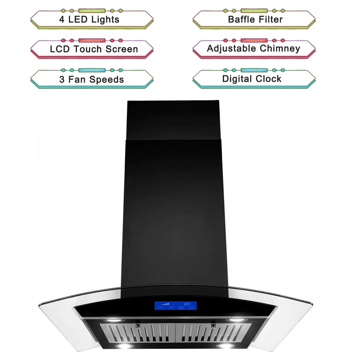 30 Inch Island Range Hood Black 700CFM Touch Panel Ceiling Mount Vent Hood, Stainless Steel Kitchen Exhaust Fan Convertible