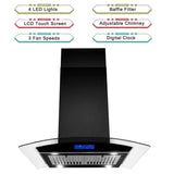 30 Inch Island Range Hood Black 700CFM Touch Panel Ceiling Mount Vent Hood, Stainless Steel Kitchen Exhaust Fan Convertible