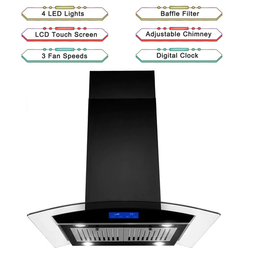30 Inch Island Range Hood Black 700CFM Touch Panel Ceiling Mount Vent Hood, Stainless Steel Kitchen Exhaust Fan Convertible