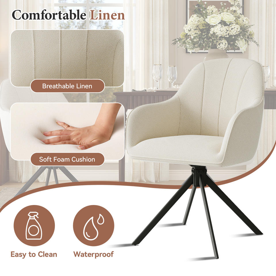 Modern Beige Linen Tufted Portable Reclining Swivel Dining Chair with 360 Rotation Ergonomic Backrest for Home Restaurant Hotel (Set of 2)