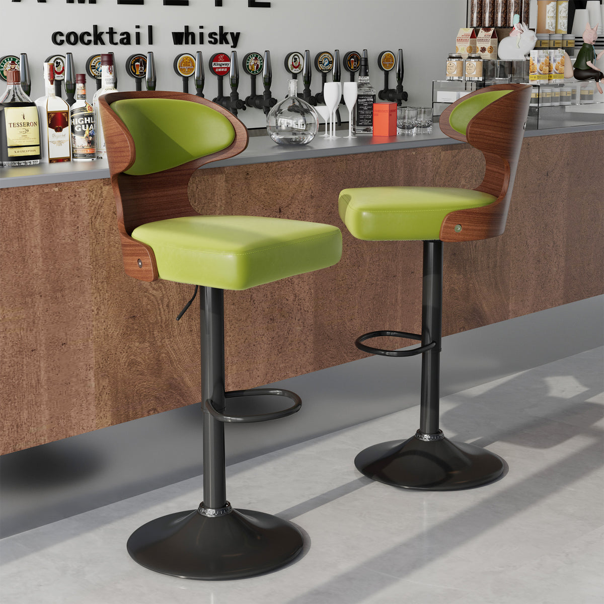 Ergonomic Modern Dual Color Steady PU Leather Bar Stool Swivel Height Adjustable Large Seat Hotel Outdoor Kitchen Counter Chair