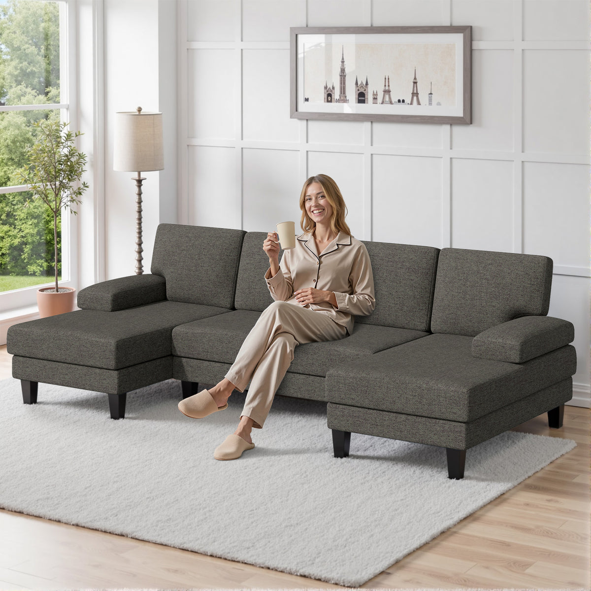 U-Shaped Sectional Sofa Living Room Modern Modular Extendable Double Lounge Sleeper Convertible Apartment Sponge Hotel Mall