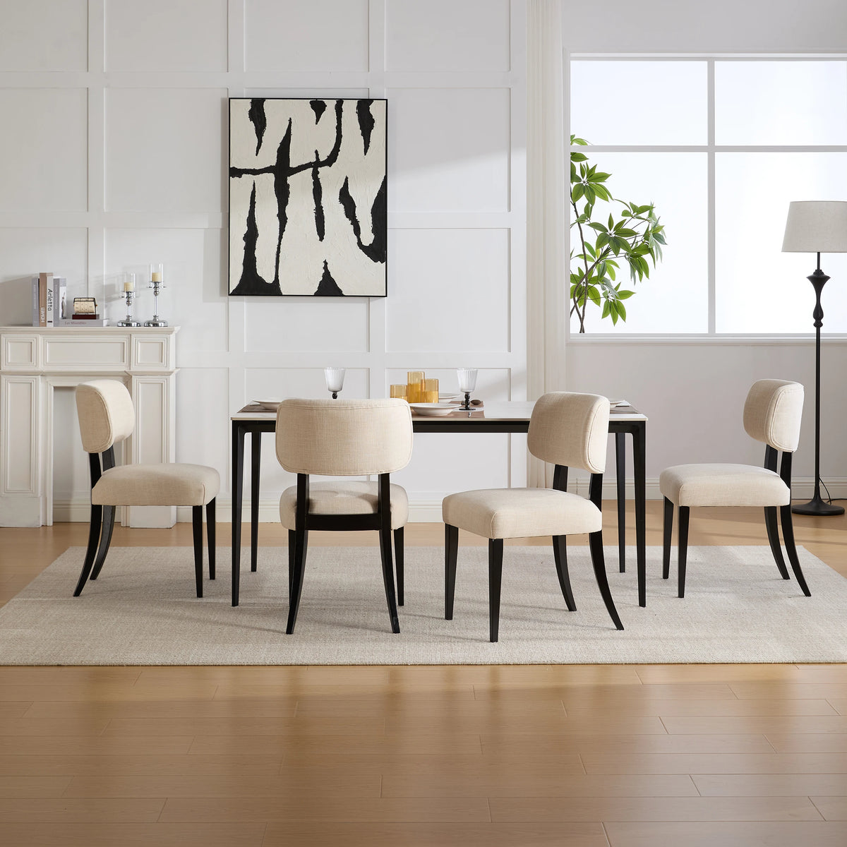 Modern Upholstered Set of 2 Beige Linen Fabric Dining  Chairs with Black Solid Wood Legs for Kitchen Dining Room Furniture