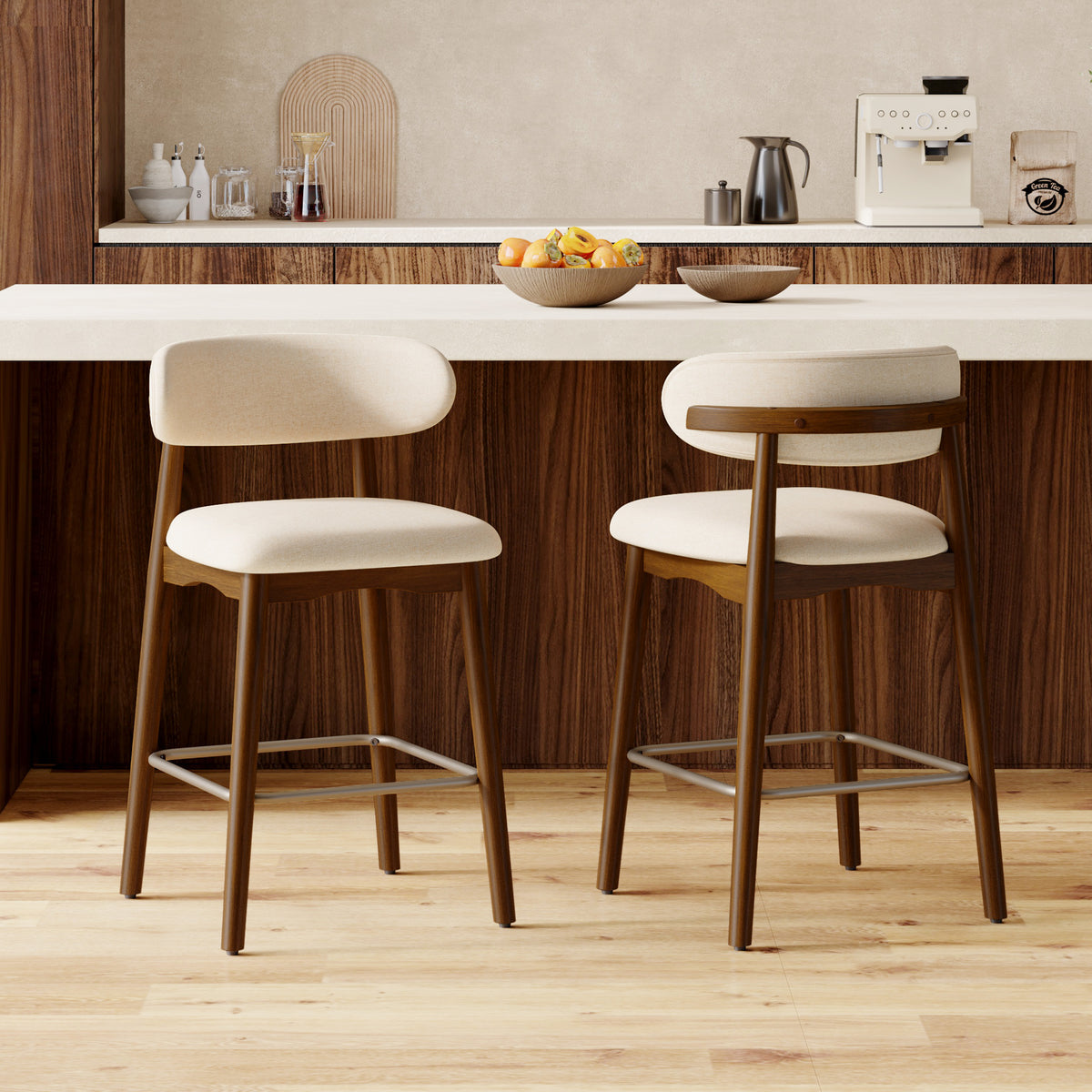 Eco-Friendly Fabric Durable Modern Bar Chair Solid Wood Frame 26.5 Inch Height Backrest for Kitchen Island Outdoor Hotel Use (Set of 3)