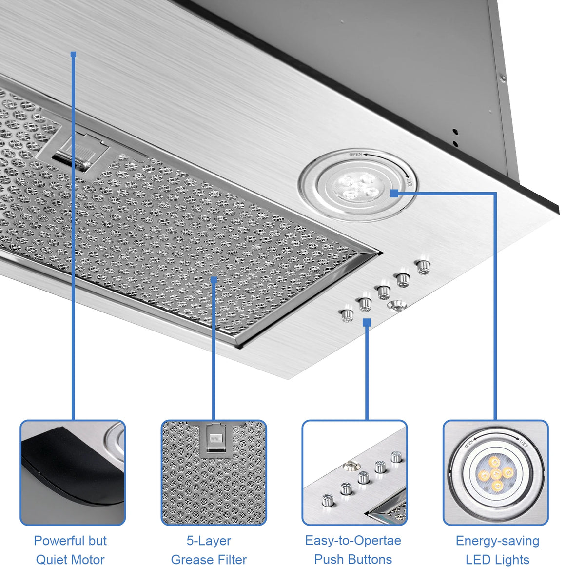 Range Hood Insert 20 Inch, Built-in Kitchen Hood 900CFM, Insert Vent Hood ,Push Button Control,w/ 3 Speed Fan