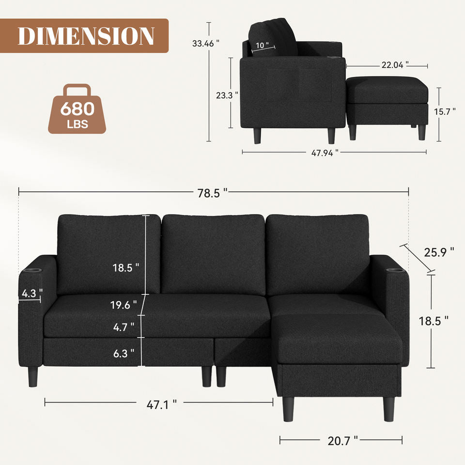 Upholstered L-Shaped 3-seat Extendable Sectional Sofa Set Massage Apartment School Use Washable Linen Covers Modern Sofa Bed
