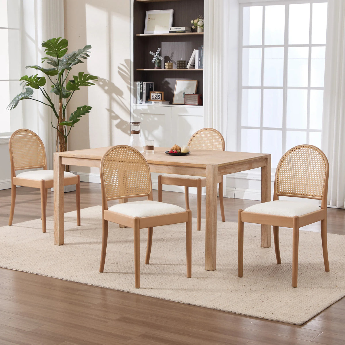 Modern Upholstered Chenille Seat Ergonomic Backrest with Wood Legs Rattan Dining Chairs Set of 2 for Kitchen Restaurant Home