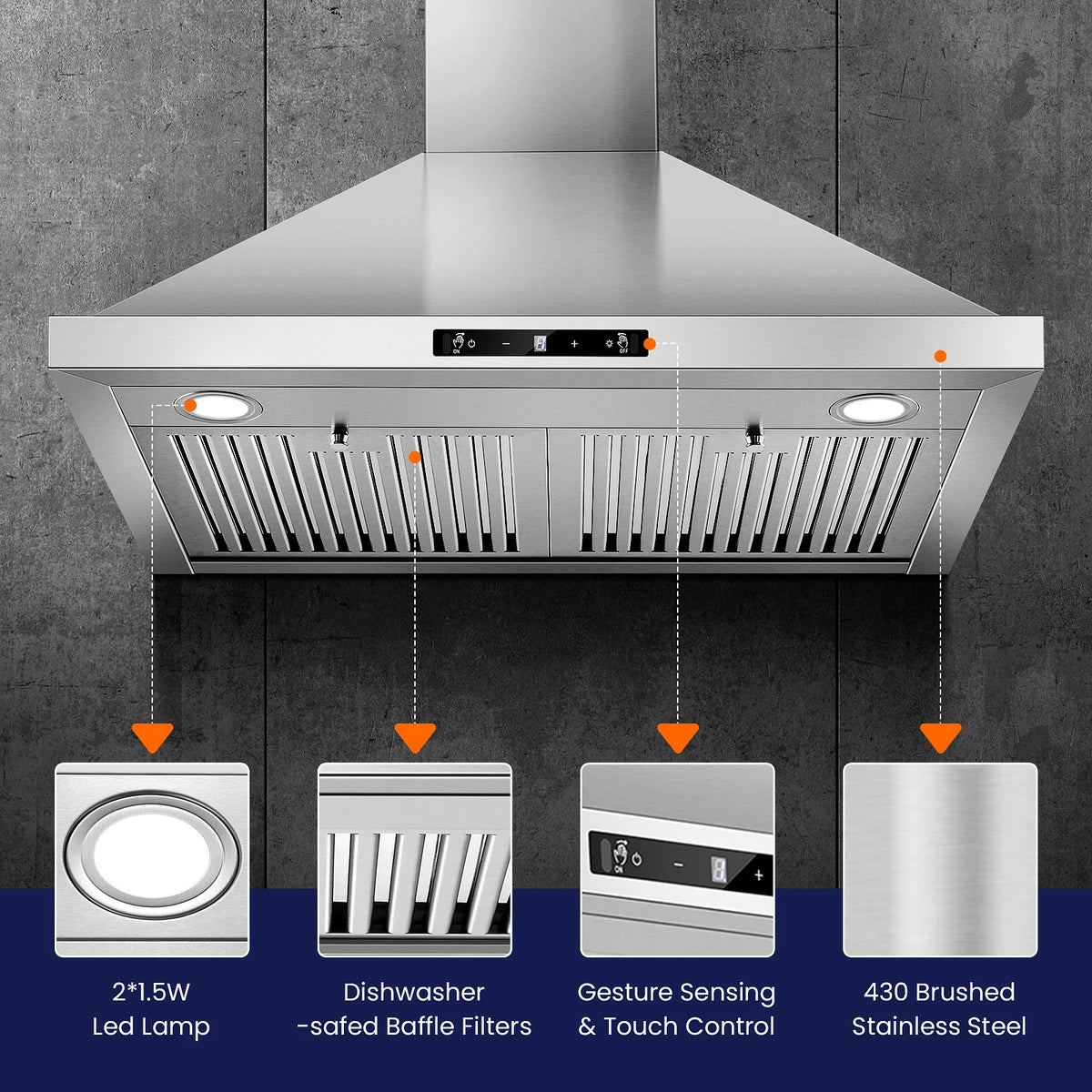 Wall Mount Range Hood 30 inch, 700 CFM Kitchen Hood Stainless Steel Stove Vent Hood with Gesture Sensing & Touch Control