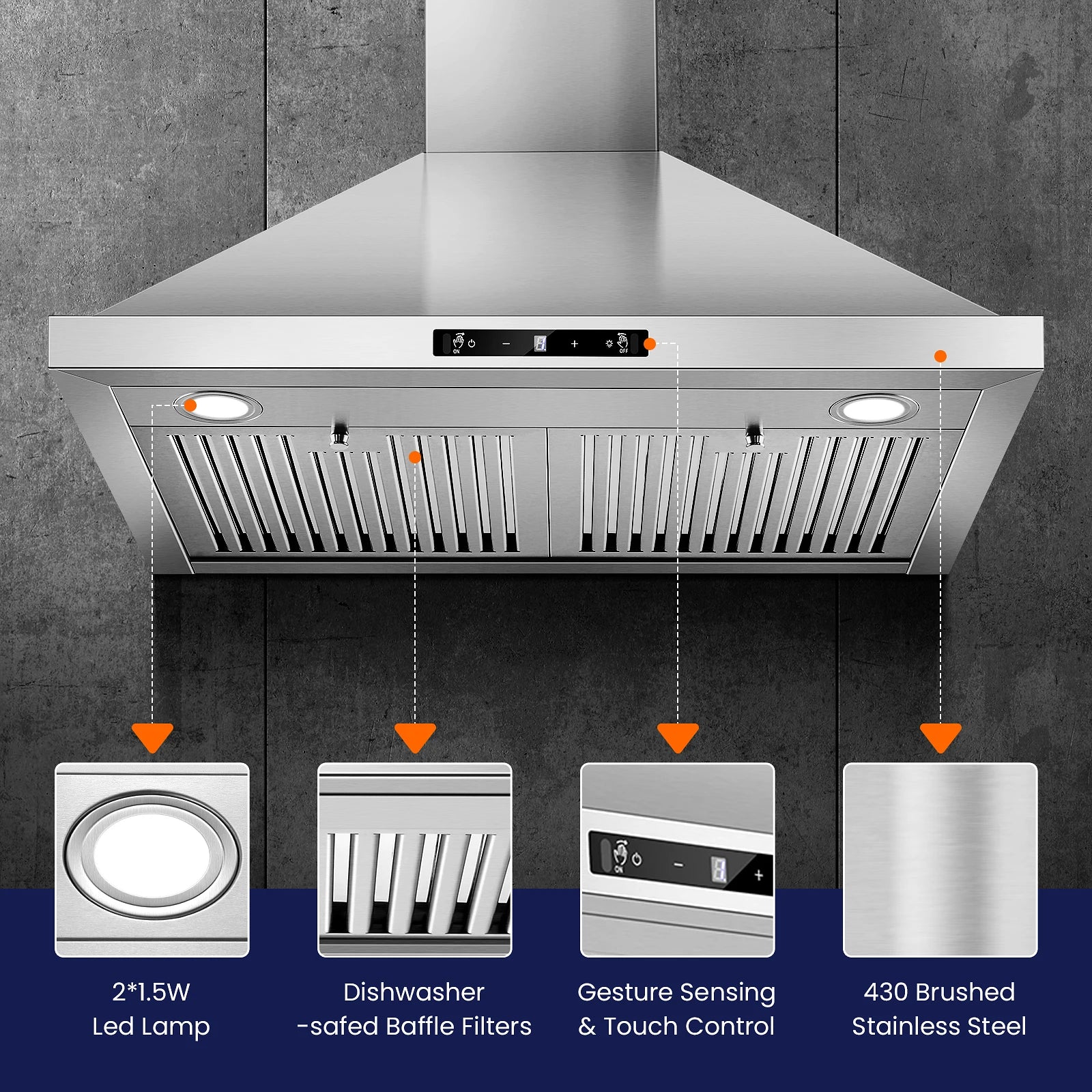 Wall Mount Range Hood 30 inch, 700 CFM Kitchen Hood Stainless Steel Stove Vent Hood with Gesture Sensing & Tou - view 5