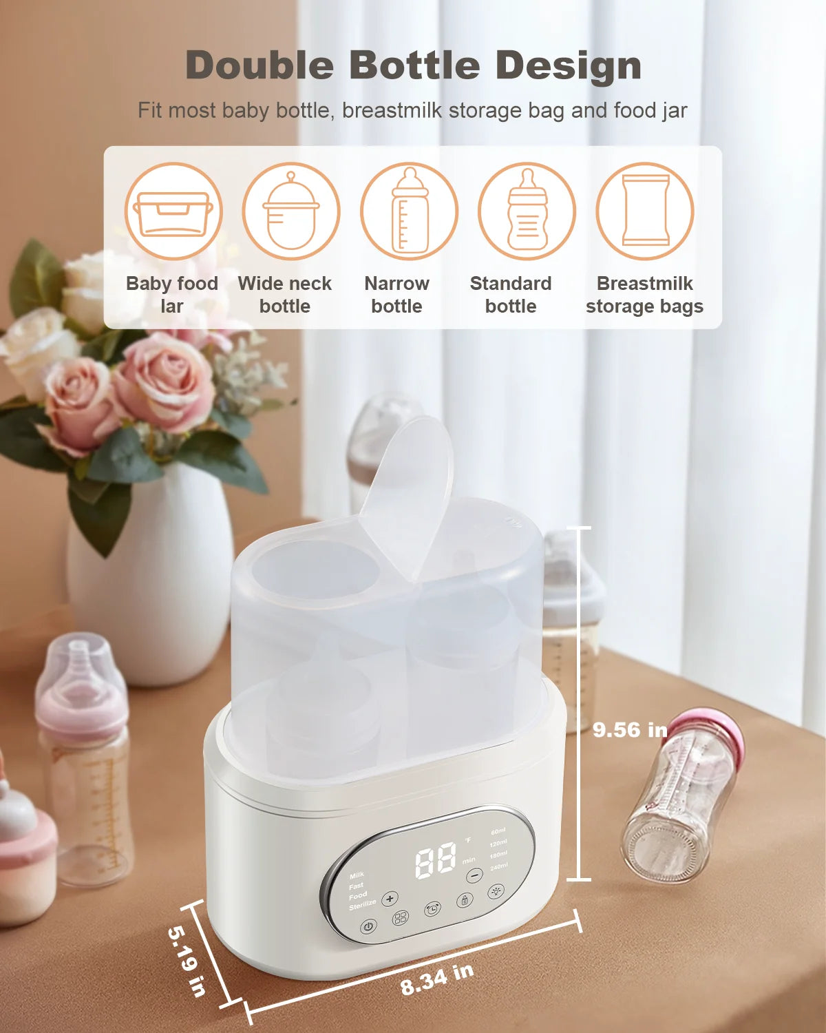 Bottle Warmer, 10-in-1 Fast Baby Bottle Warmer for Breastmilk & Formula, Double Milk Warmer with Timer, Accurate Temp Control,