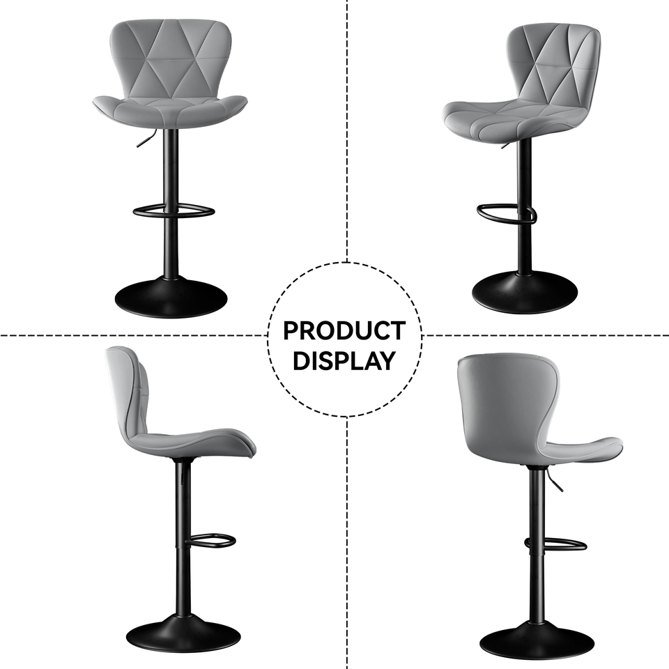 Height Adjustable PU Leather Iron Frame Modern Steady Bar Stool Swivel Diamond Stitching Design Kitchen Counter Chair Home Bar (Set of 2)