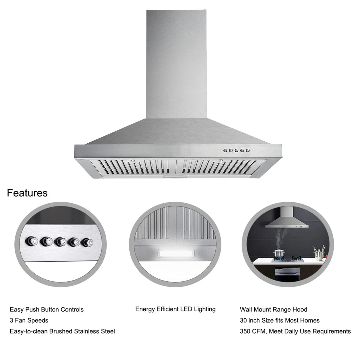 Range Hood, Range Hoods 30 Inch Stainless Steel, 450 CFM Kitchen Hood with LED Light Baffle Filters, 3 Speed Exhaust Fan