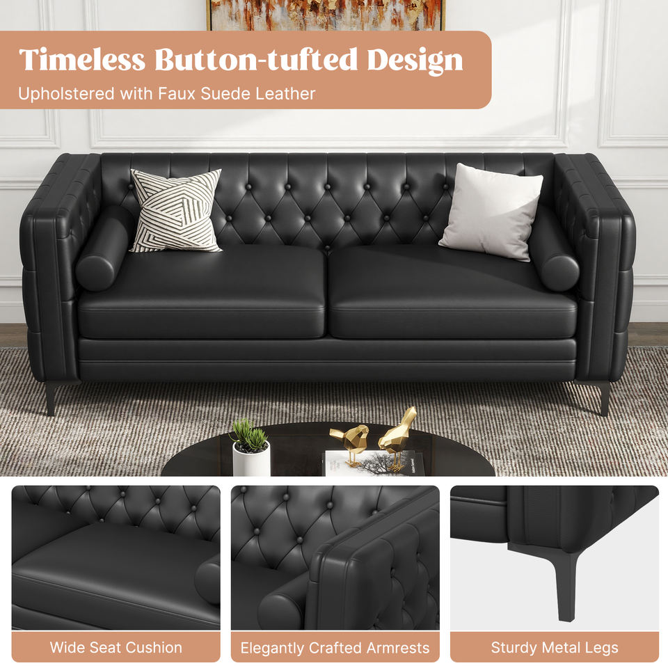 Modern Chesterfield Convertible Loveseat Waterproof Faux Leather Sofa Cooling Wide Seat Bolster Pillows for Apartment School