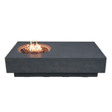 Dark grey rectangular fire pit table with flames and decorative stones, viewed from the side