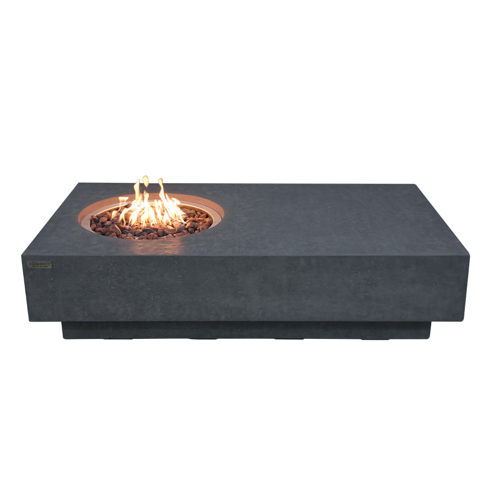 Dark grey rectangular fire pit table with flames and decorative stones, viewed from the side