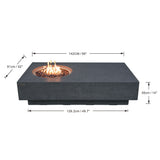 Dark grey MetroPolis outdoor fire pit table, 142cm x 81cm x 35cm, shown with flames and pebbles