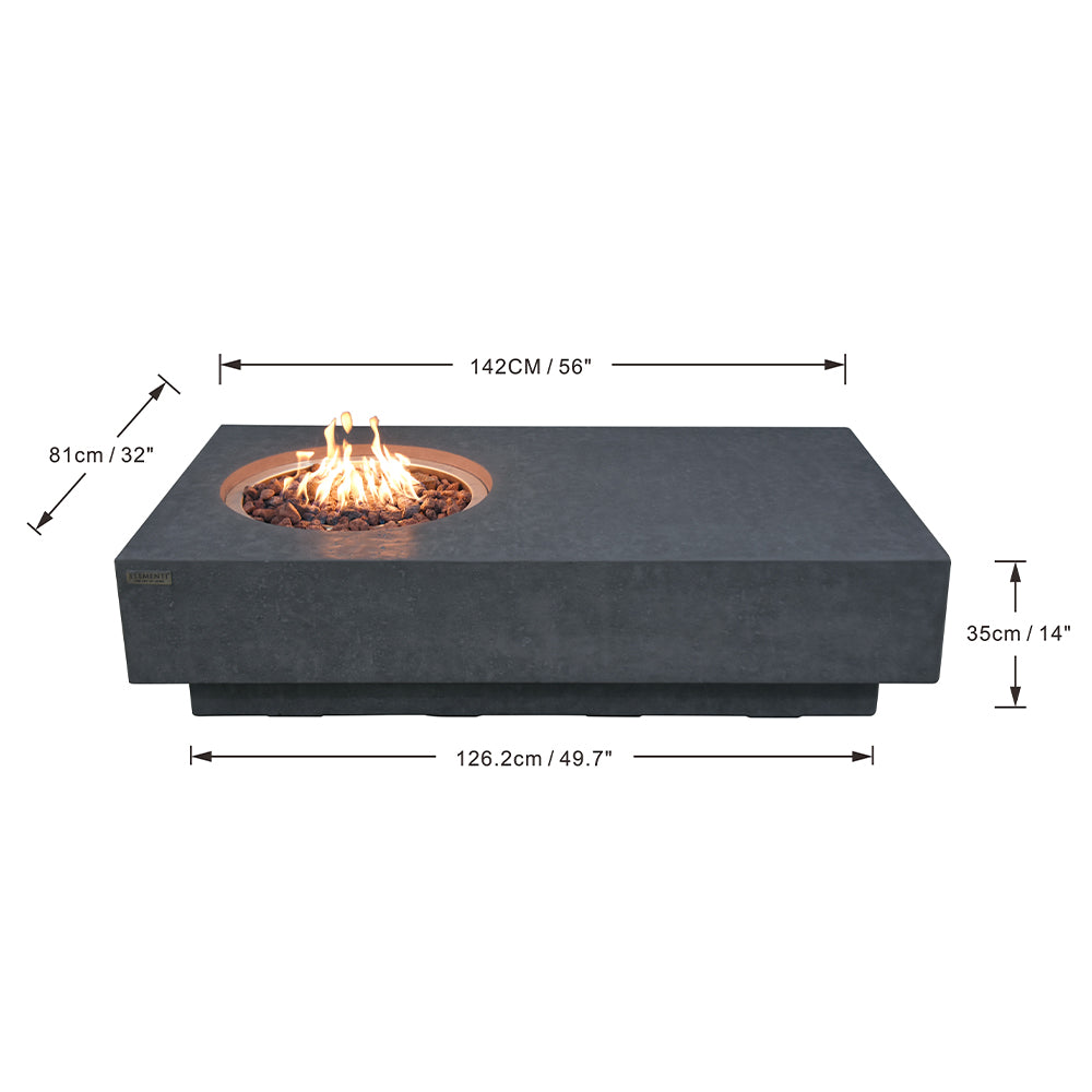Dark grey MetroPolis outdoor fire pit table, 142cm x 81cm x 35cm, shown with flames and pebbles
