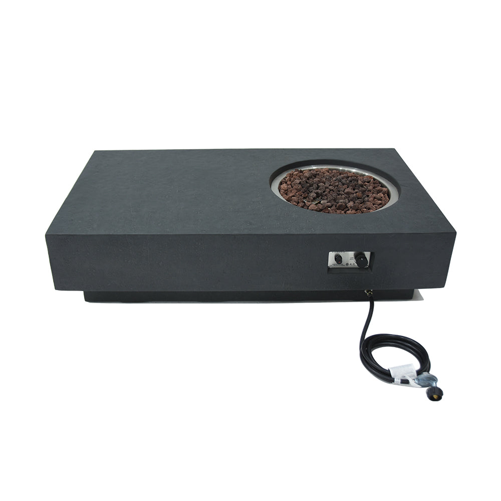 Dark grey rectangular fire pit table with circular burner and control panel, viewed from side