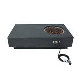 Dark grey rectangular fire pit table with circular burner and control panel, viewed from side