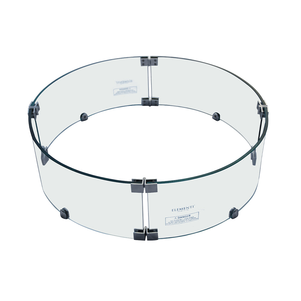 Round tempered glass wind screen for Elementi outdoor fire pit, shown from above