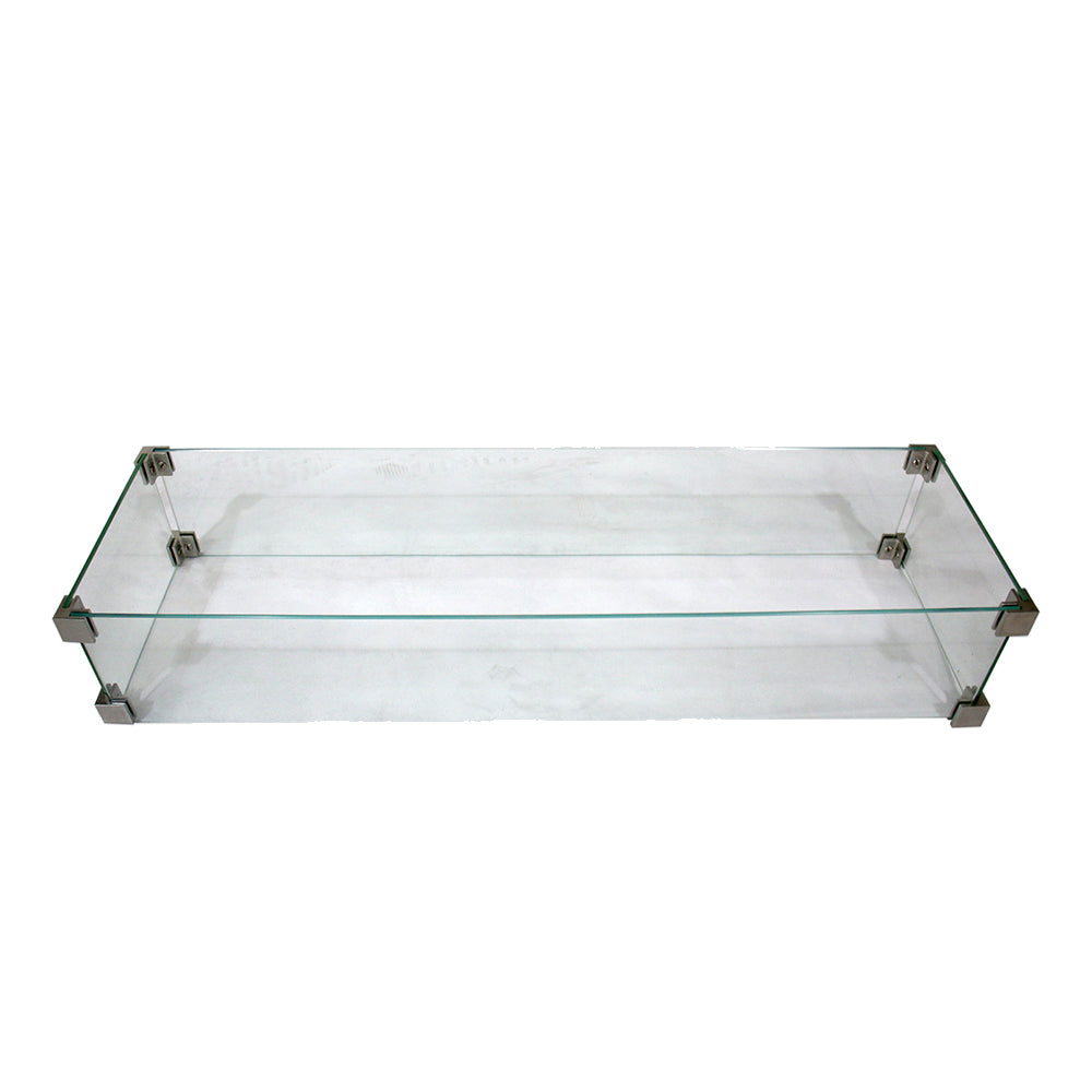Rectangular tempered clear glass wind screen for fire pit, shown from front angle