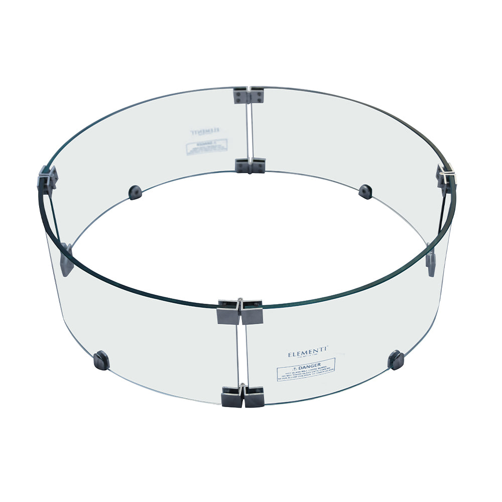 Round tempered glass wind screen for Elementi fire pit, shown from above with black clips