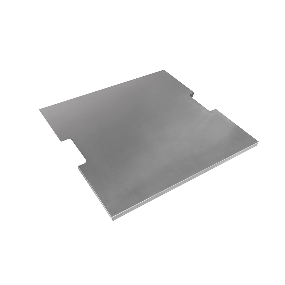 Square stainless-steel lid accessory with cutouts, shown at an angle