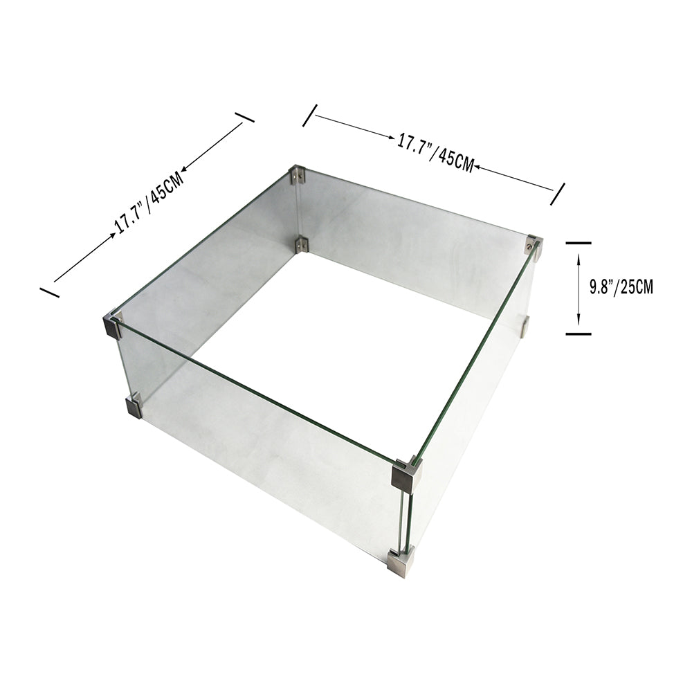 Square tempered clear glass fire pit wind screen, 17.7" x 17.7" x 9.8"