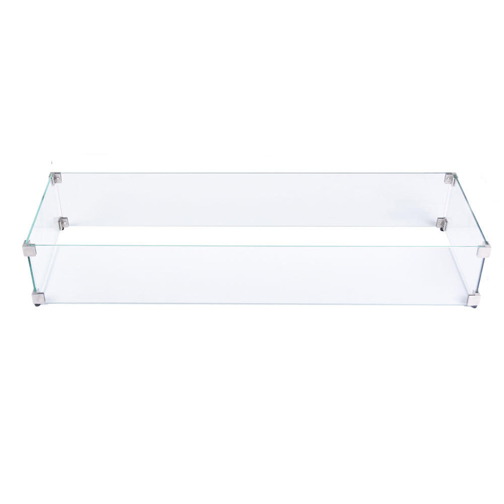 Rectangular tempered glass wind screen, 40.4 x 15.2 x 7 inches, shown from top angle
