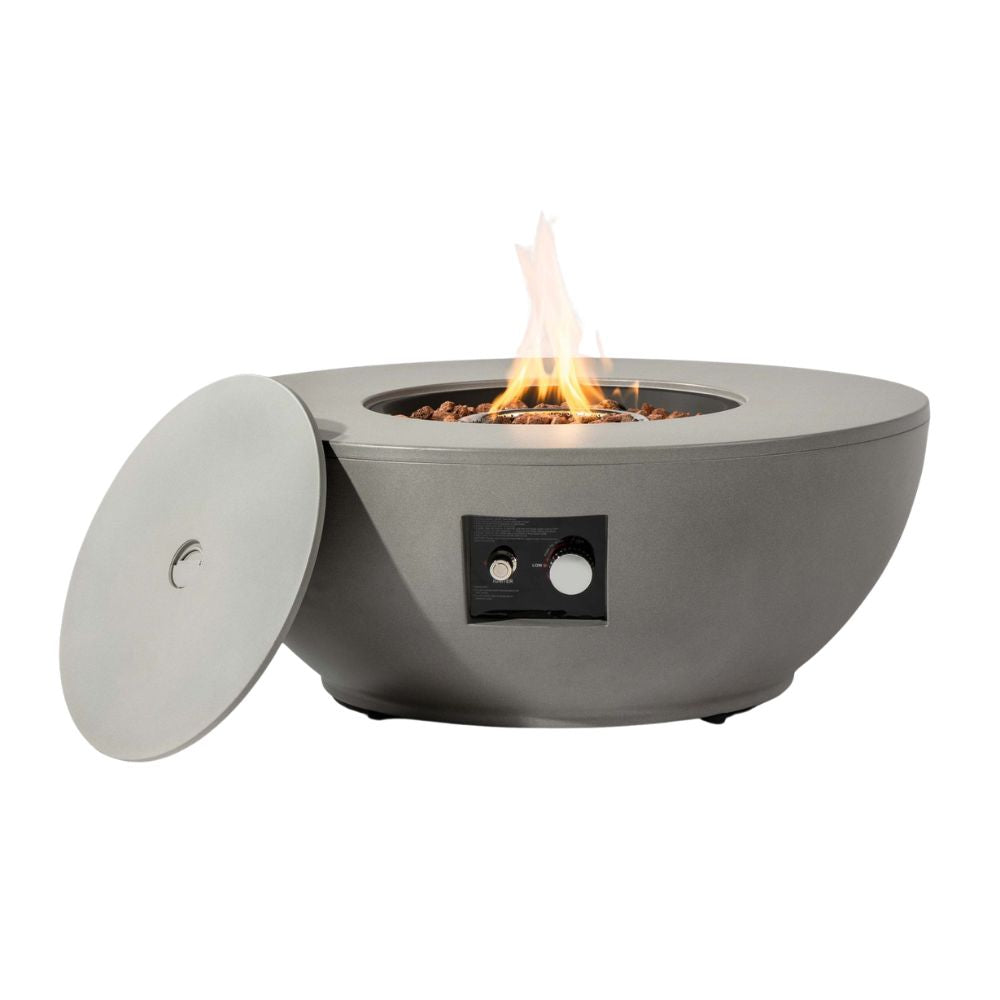 36" Round Propane Fire Pit Bowl, Concrete-Look GFRC, 40,000 BTU, Grey, Full Accessory Kit