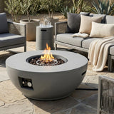 36" Round Propane Fire Pit Bowl, Concrete-Look GFRC, 40,000 BTU, Grey, Full Accessory Kit
