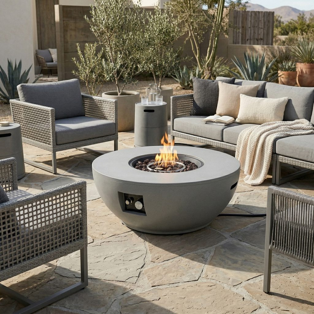 36" Round Propane Fire Pit Bowl, Concrete-Look GFRC, 40,000 BTU, Grey, Full Accessory Kit
