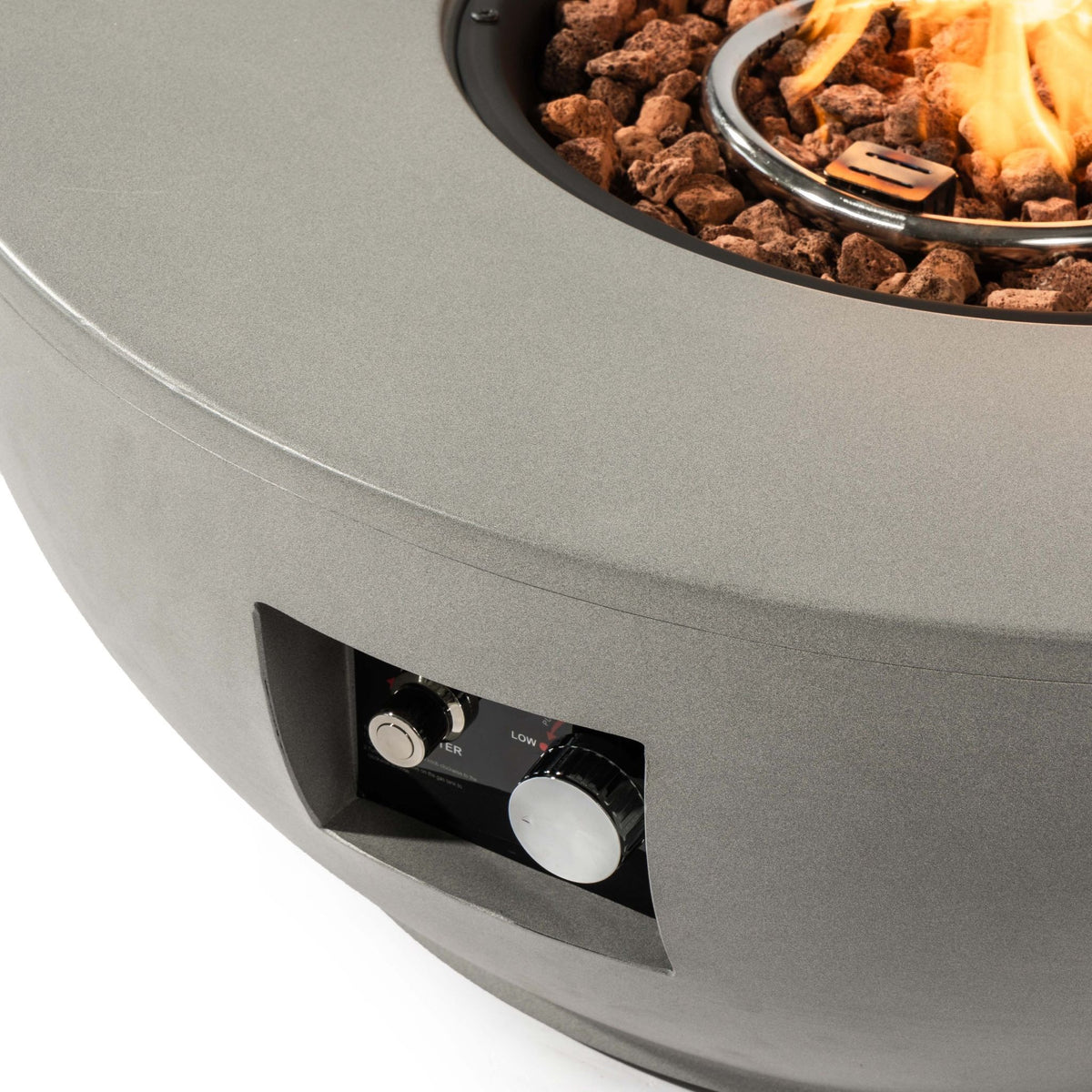 36" Round Propane Fire Pit Bowl, Concrete-Look GFRC, 40,000 BTU, Grey, Full Accessory Kit