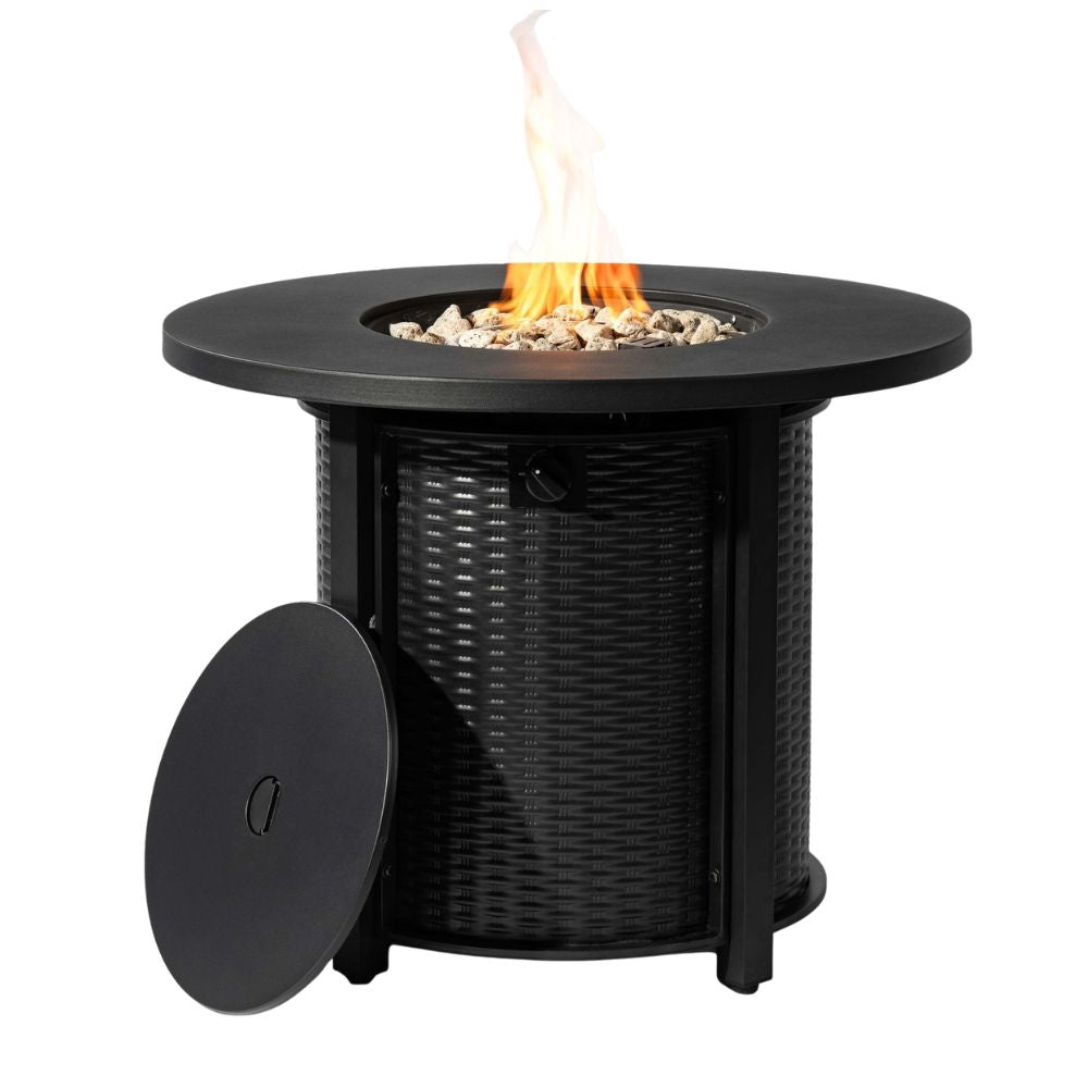 32" Round Propane Fire Pit Table with Wicker Base & Steel Lid, 50,000 BTU, Black, Volcanic Stones Included