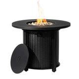 32" Round Propane Fire Pit Table with Wicker Base & Steel Lid, 50,000 BTU, Black, Volcanic Stones Included