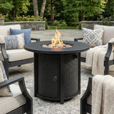32" Round Propane Fire Pit Table with Wicker Base & Steel Lid, 50,000 BTU, Black, Volcanic Stones Included
