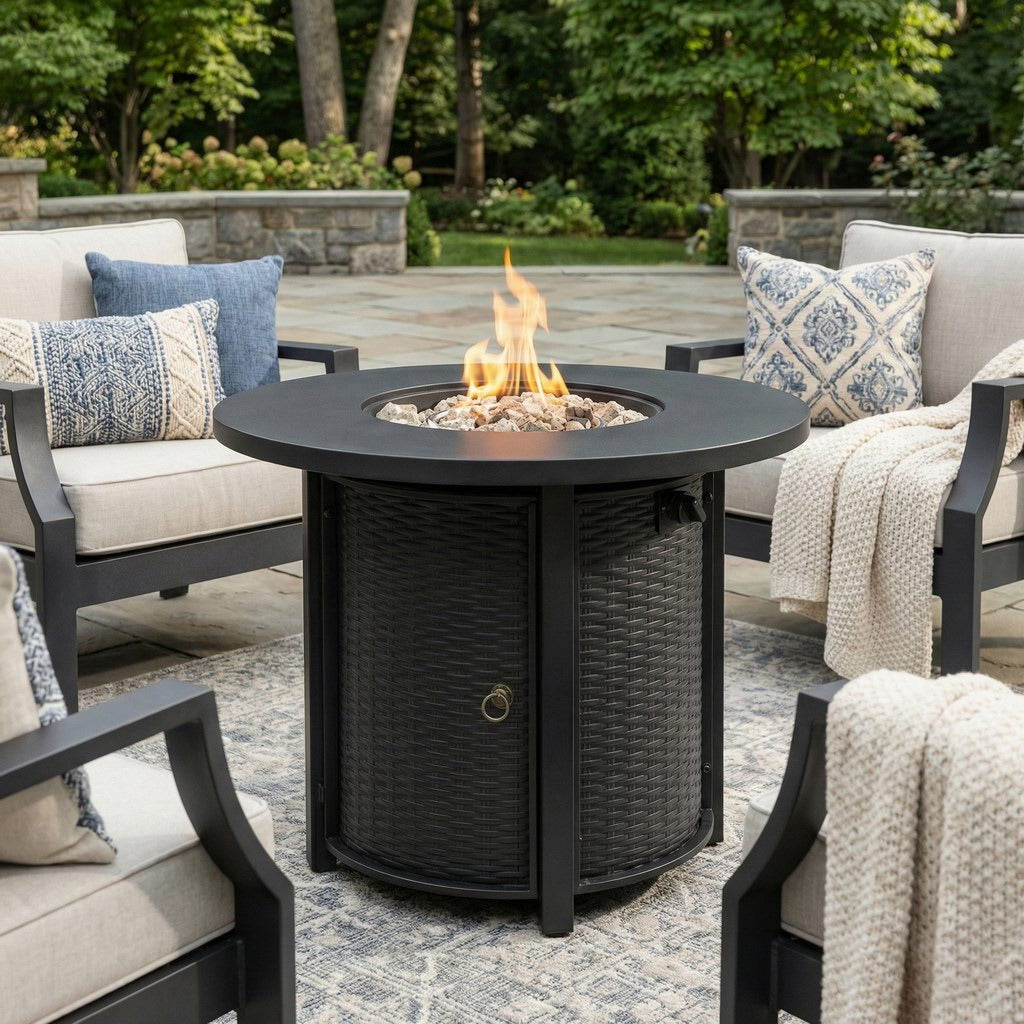 32" Round Propane Fire Pit Table with Wicker Base & Steel Lid, 50,000 BTU, Black, Volcanic Stones Included