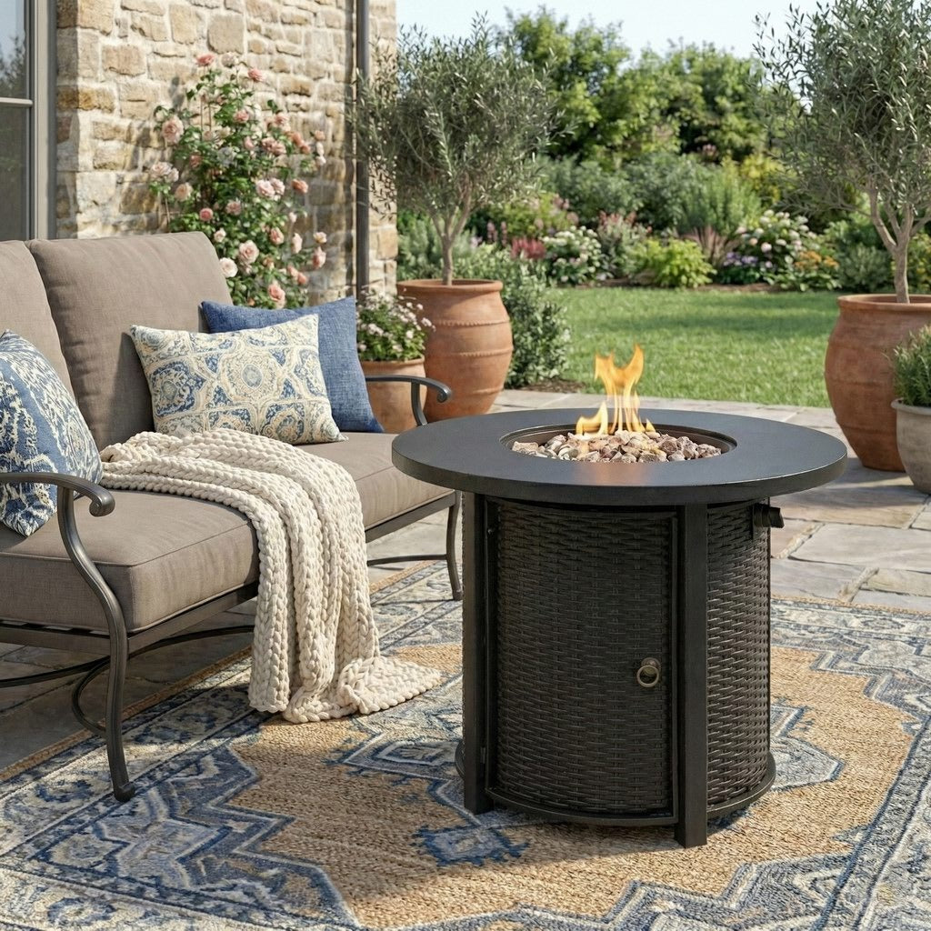 32" Round Propane Fire Pit Table with Wicker Base & Steel Lid, 50,000 BTU, Black, Volcanic Stones Included