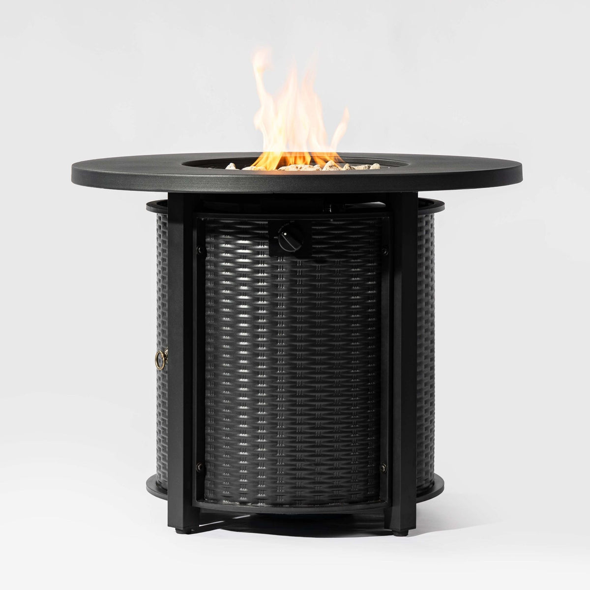 32" Round Propane Fire Pit Table with Wicker Base & Steel Lid, 50,000 BTU, Black, Volcanic Stones Included