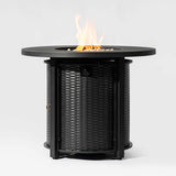 32" Round Propane Fire Pit Table with Wicker Base & Steel Lid, 50,000 BTU, Black, Volcanic Stones Included
