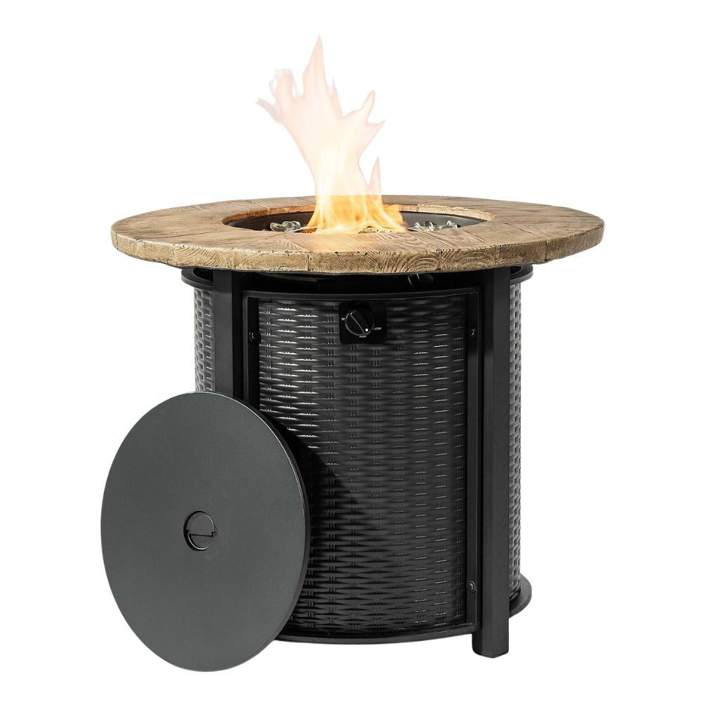 30" Round Propane Fire Pit Table with All-Over Wicker Base, 50,000 BTU, Brown, Glass Stones Included