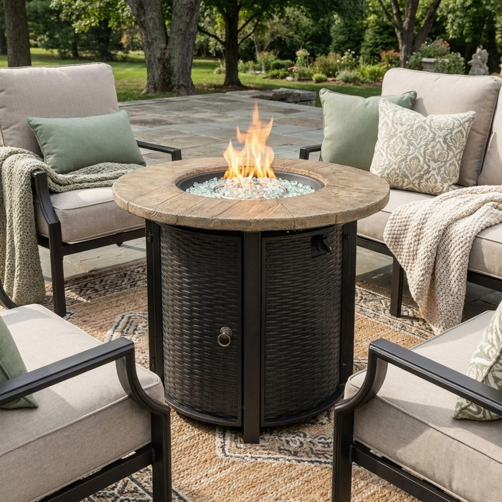 30" Round Propane Fire Pit Table with All-Over Wicker Base, 50,000 BTU, Brown, Glass Stones Included