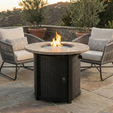 30" Round Propane Fire Pit Table with All-Over Wicker Base, 50,000 BTU, Brown, Glass Stones Included